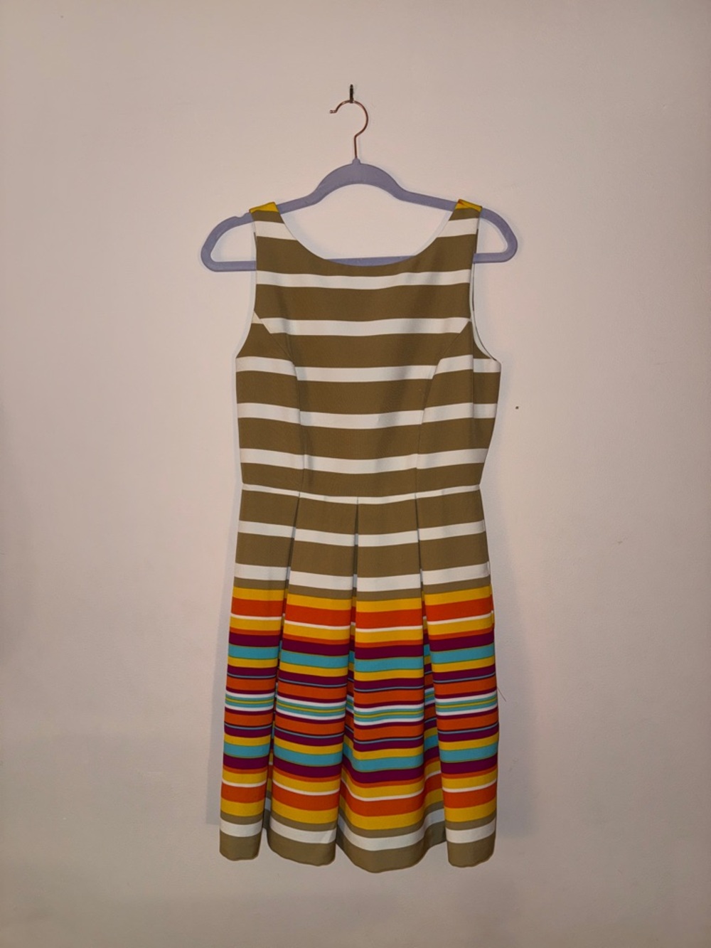 Ronni Nicole Olive and Rainbow Stripe Sleeveless Fit-and-Flare Dress